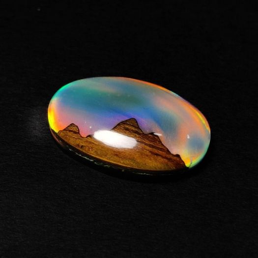 Crystal And Aurora Opal Doublet With Maple Wood Mountain Inlay