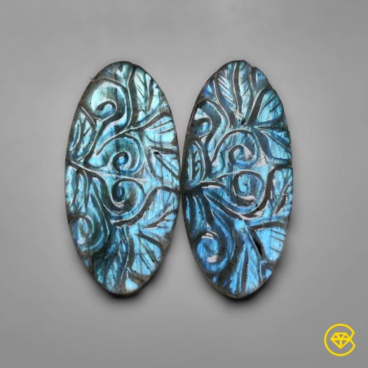 Blue Labradorite Mughal Carvings Pair